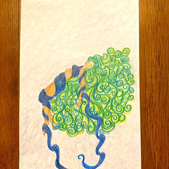 Unframed Original Art Drawing Whimsical Wrapped Woman Levitating Pencil Crayon - Picture 1 of 2